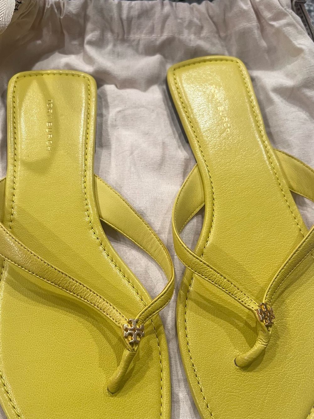 Tory Burch Bright Yellow Leather Thong Sandals with Logo Accent